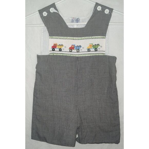 Vintage Hong Kong Romper Orient Express Inc Houndstooth Smocked dump trucks Size - Picture 1 of 9